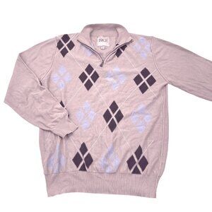 BKE Mens Argyle Pullover Sweater XL Beige 1/4 Zip 100% Cotton Casual Knit
